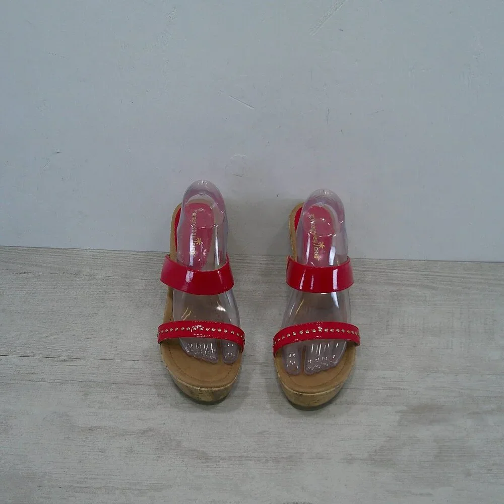 Montego Bay Club Sexy Cherry Red Platform Studded Open Toe Wedge Size 11W | Wide